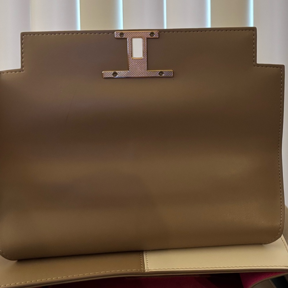 Trina Turk Taupe & Off White Top Handle Satchel Handbag with Detachable Strap - Picture 4 of 16
